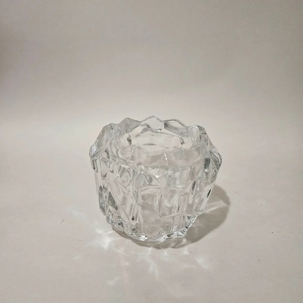 Vintage Clear Geometric Textured Glass Votive Candle Holder Ice Block Style
